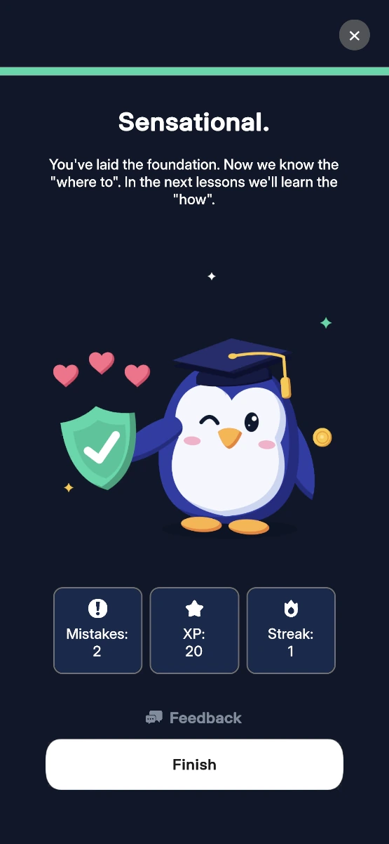 Waddlu app: lesson complete screen showing mistakes, XP and streak